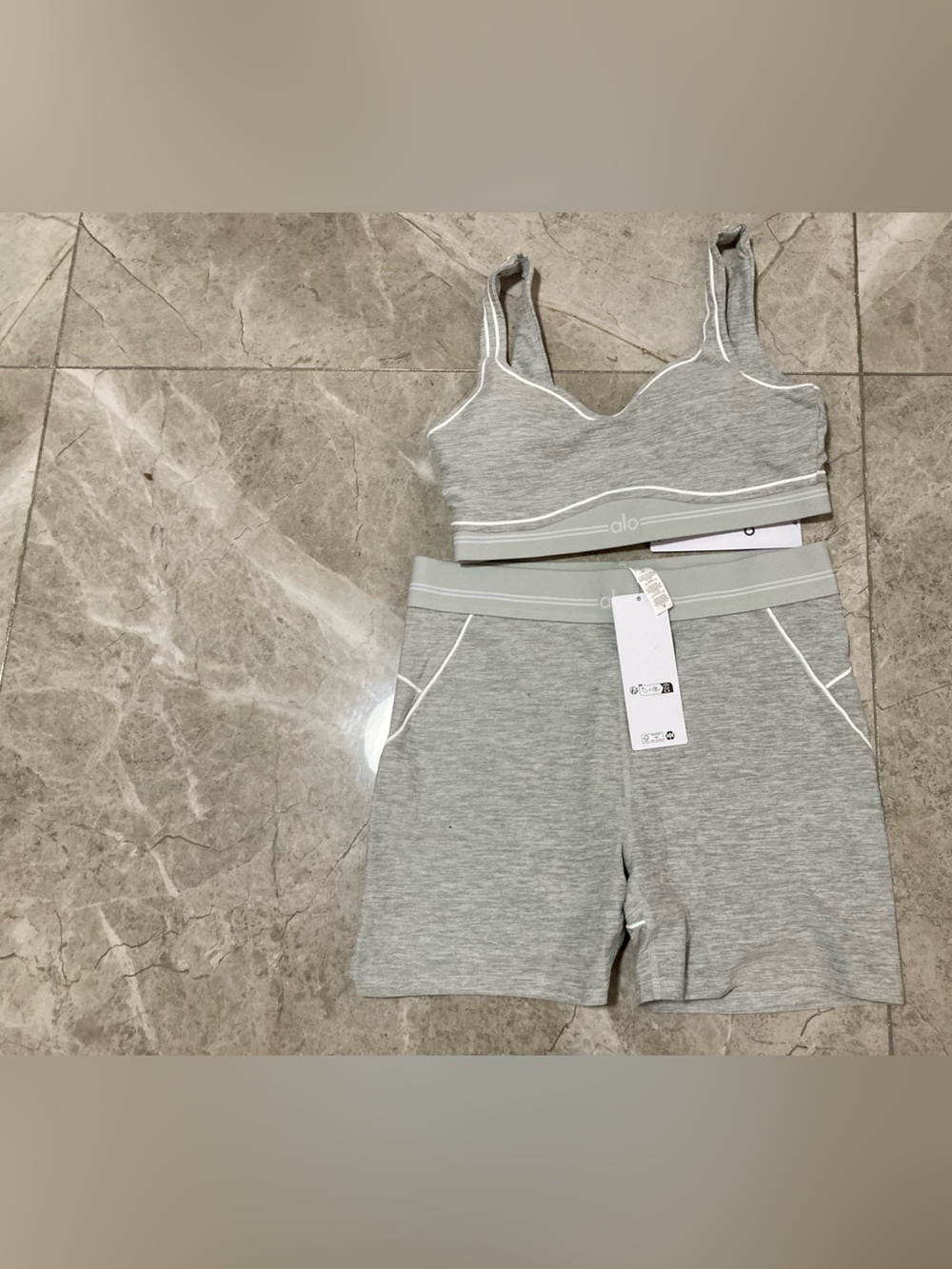 ALO Yoga Light Gray Seamless Bralette & Bike Shorts Set